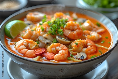 bowl of tom yum goong with prawns and mushrooms