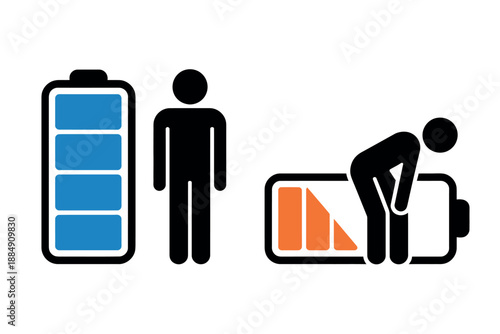 A person with full energy standing next to a fully charged battery and another person feeling exhausted with a low battery