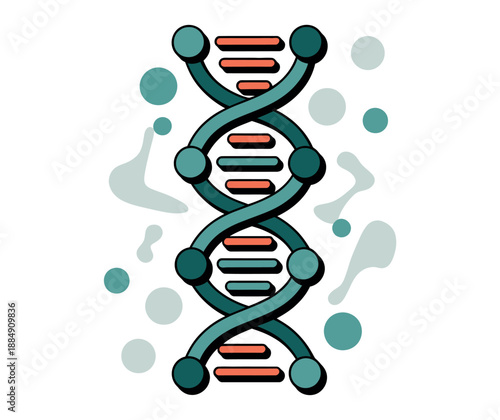 An illustration of a DNA double helix structure with colorful molecules on a white background
