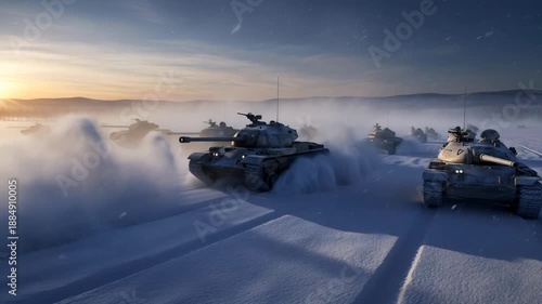 Tank convoy moving through snow field at sunrise. Military vehicle action on winter battlefield. Graphic for historical war or veterans event.
