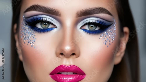 Glamorous Woman with Blue and Silver Glitter Makeup, Striking Eyes and Pink Lips