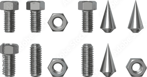 Metal Bolts Nuts and Cone Screws Hardware Set Vector Illustration Isolated on White Background for Industrial and Mechanical Design