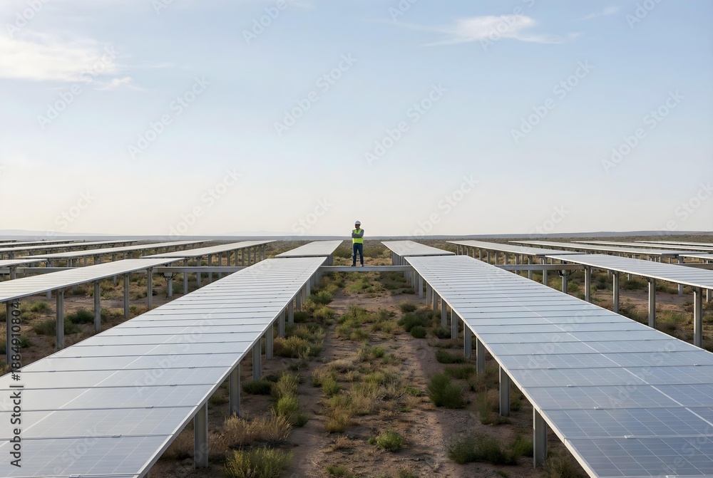 Naklejka premium Wide landscape view of an expansive solar energy farm with long rows of photovoltaic panels in a desert.