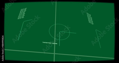 Central reticle initiating targeting, HUD markers rotating, sliding, scanning on transparent field