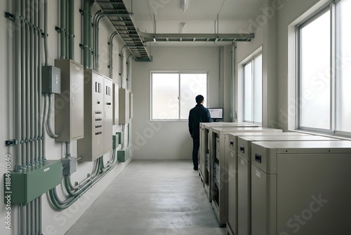 Professional inspector checking electrical control room cabinets with complex wiring and power management systems.