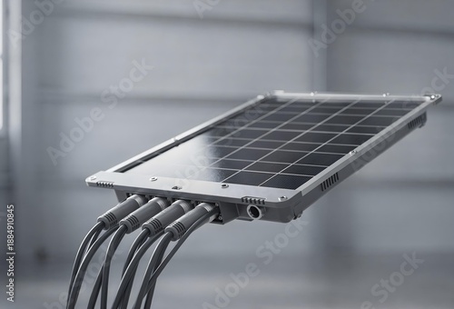 Close-up of a high-tech solar energy monitoring device with multiple cable connections in a laboratory.