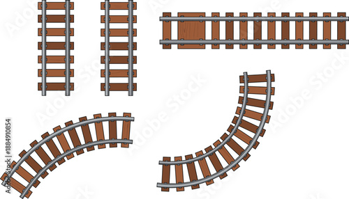 Railway Track Pieces Set Straight and Curved Sections Vector Illustration Isolated on White Background for Transportation and Game Design