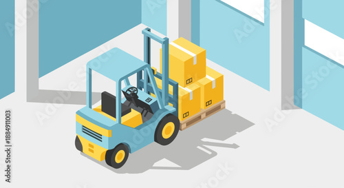 Blue Forklift Truck Lifting Yellow Boxes on Pallet in Warehouse.