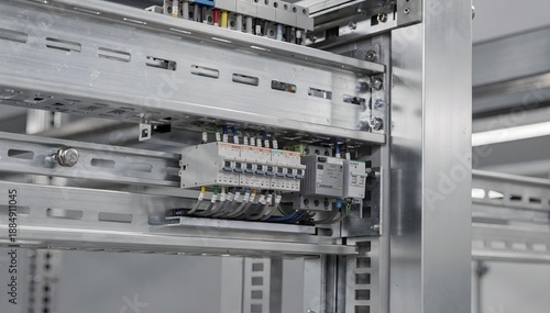 Detailed interior view of an electrical terminal block and DIN rail wiring in an industrial cabinet.