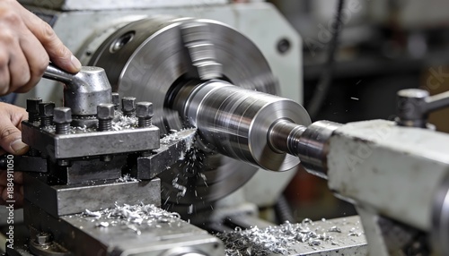 Metal lathe machine turning a steel cylinder with metal shavings and manual adjustment tool in a workshop.