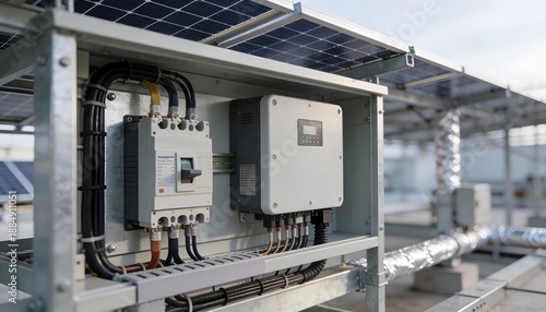 Industrial solar power inverter cabinet installed outdoors with professional wiring and conduit infrastructure.