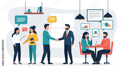 Business people shaking hands and collaborating in an office setting.