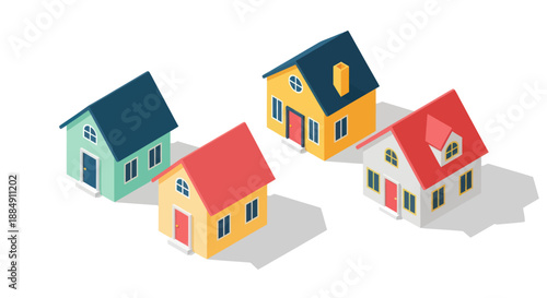 Collection of Colorful Isometric Houses on White Background.