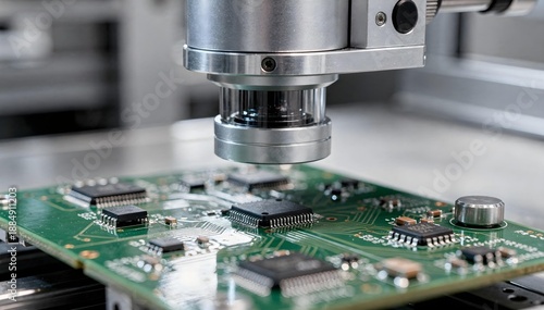 High-precision automated optical inspection system checking integrated circuits on a green printed circuit board.
