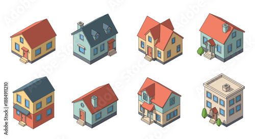 Collection of eight isometric houses in various architectural styles and colors.
