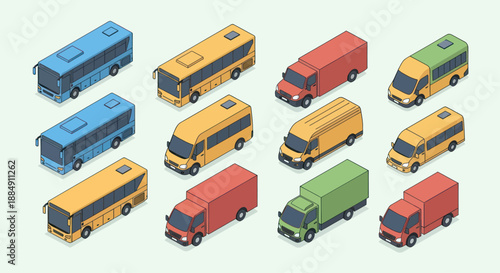 Collection of Isometric Vehicles in Various Colors and Types.
