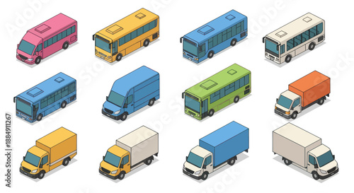 Collection of isometric vehicles including buses vans and trucks.