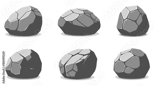 Collection of Six Stylized Gray Rocks with Polygonal Facets.