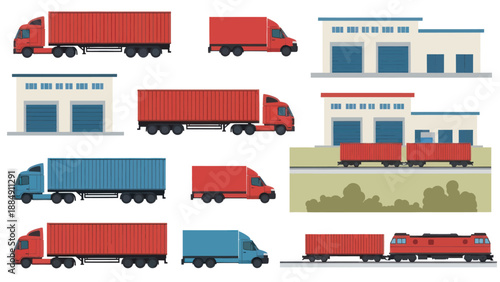 Collection of Trucks and Trains with Warehouses.