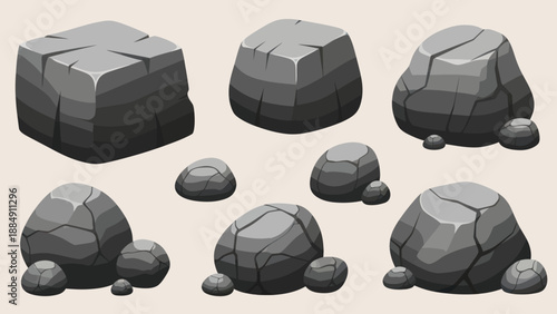 Collection of various cartoon style rocks and boulders in different shapes and sizes.