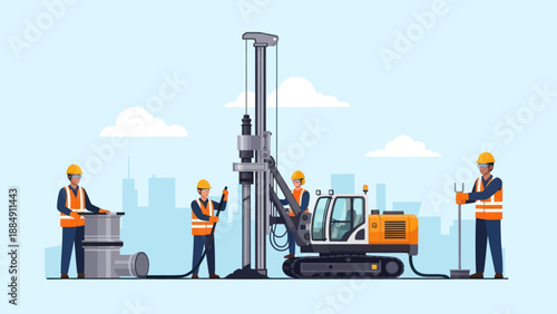 Construction workers operating a drilling rig for foundation piling.