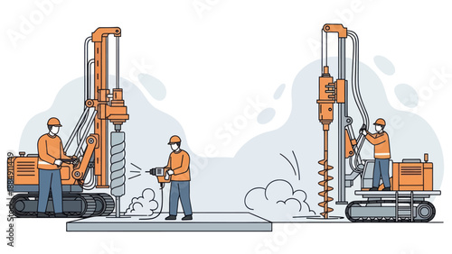 Construction workers operating drilling machines on a building site.