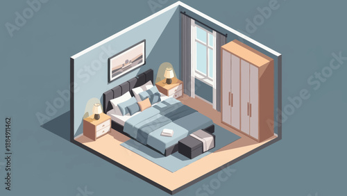 Cozy Isometric Bedroom Interior Design with Modern Furniture and Decor.