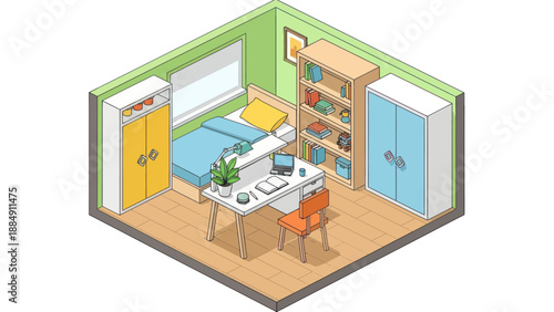 Cozy Isometric Bedroom with Study Area and Storage Solutions.