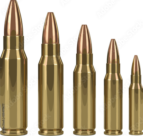 Rifle Ammunition Cartridges in Different Sizes Isolated on White Background