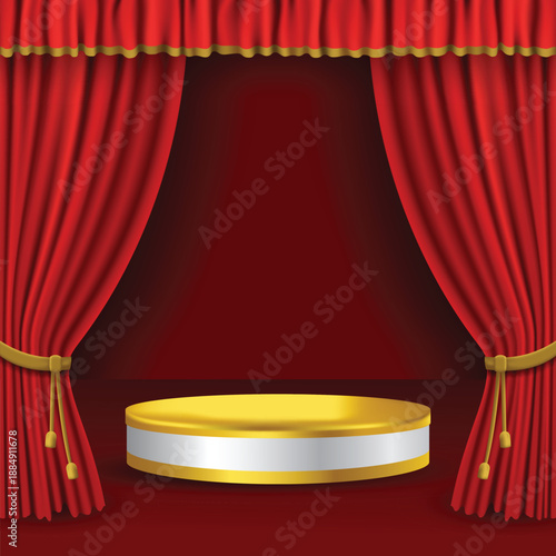 red realistic curtain template with luxury podium display vector design graphic