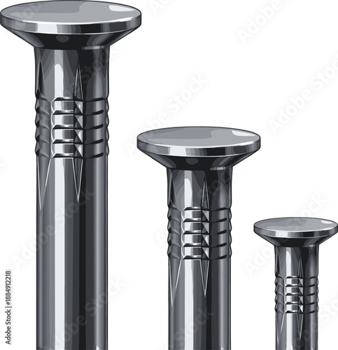 Steel Nails Set – Shiny Metal Construction Nails in Different Sizes Isolated on White Background