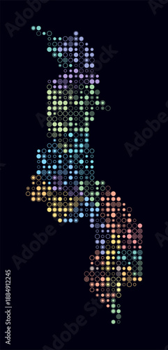 Malawi, shape of the country build of colored cells. Digital style map of the Malawi on dark background. Small size circle blocks. Vibrant vector illustration.