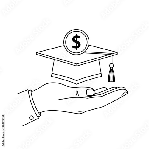 A hand holds a graduation cap with a dollar coin on top, representing educational funding.