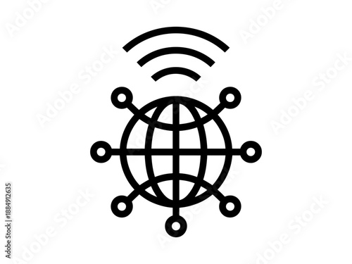 A stylized globe shows a global network connected by lines and circles, with wireless signals above.