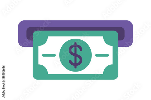 A simplified, flat illustration depicts a green dollar bill being inserted into a purple ATM slot, symbolizing financial transactions and cash withdrawal.