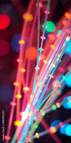 Close-up of illuminated fiber optic cables carrying data, blurred lights, speed and connectivity concept,  communication,  optic