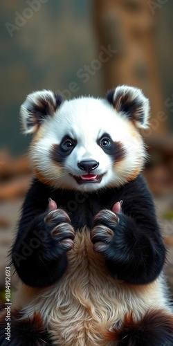 Adorable painted panda with a wide smile, offering a blank sign with its tiny paws ,  sweet,