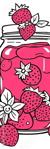 Simple line art of a strawberry jam jar, showcasing bold fruit details for easy coloring A sweet treat for creative minds,  vector,  easy