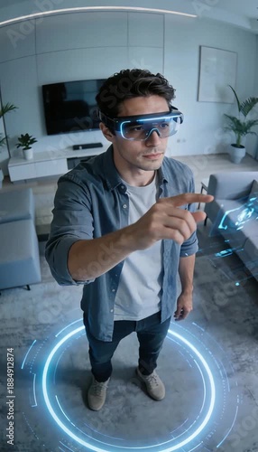 Man Interacting with Augmented Reality in Modern Living Room Setting with Futuristic Technology