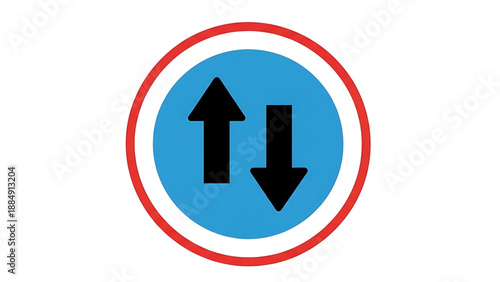 Vector icon Two-way traffic sign with up and down arrows in blue circle and red border, essential for road direction guidance and urban safety Free Download Vector icon Two-way traffic sign with up and down arrows in blue circle and red border, essential for road direction guidance and urban safety - GFXLoad