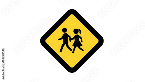 Yellow diamond-shaped warning sign depicting a silhouette of a boy and girl walking, indicating a pedestrian crossing or school zone
