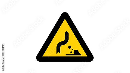 Warning sign indicating a sharp curve with a potential for falling rocks, alerting drivers to hazardous road conditions ahead