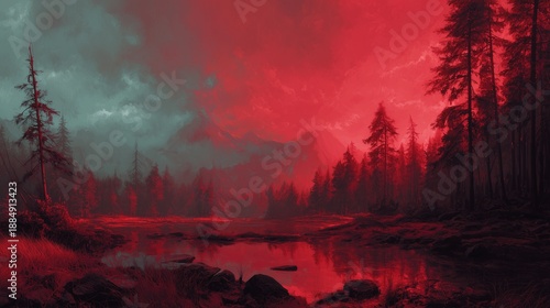 Dramatic Red Forest Landscape with River at Twilight