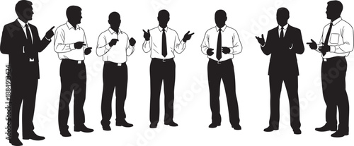 Collection of black silhouettes featuring professional men in business suits and hats standing in various poses isolated on white background for corporate and classic design