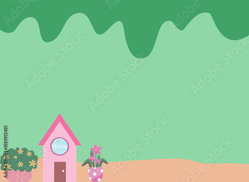 Cute Home Background with Pastel House and Plants Vector Illustration