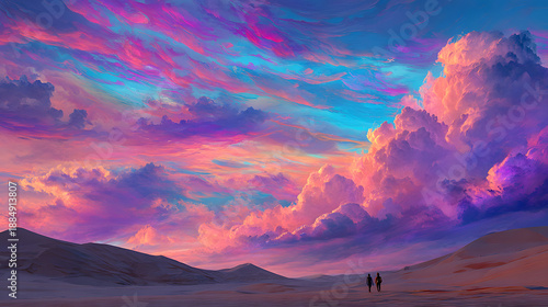Surreal desert with colorful sky, imaginative digital art
