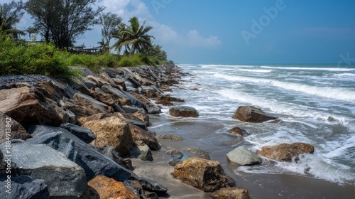 Coastal Erosion Prevention Barrier Along Shoreline in Calm Waters on a Sunny Day