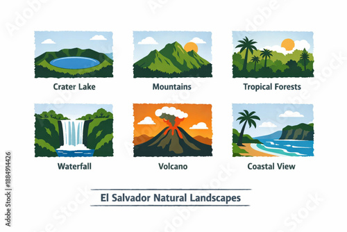 El Salvador natural landscapes icons in torn vector texture style
