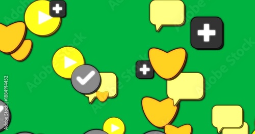 Icons starting at edges, entering, clustering, pulsing, showing reactions on transparent backdrop