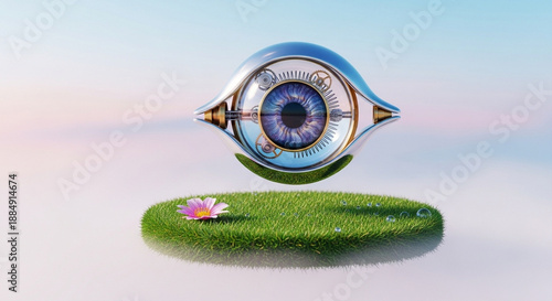 Surrealistic 3D rendered eye on a floating grass island with flower.